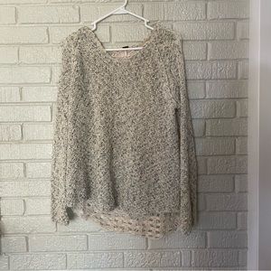 Poof L sweater with open knit detailed back, blue and light tan, very unique